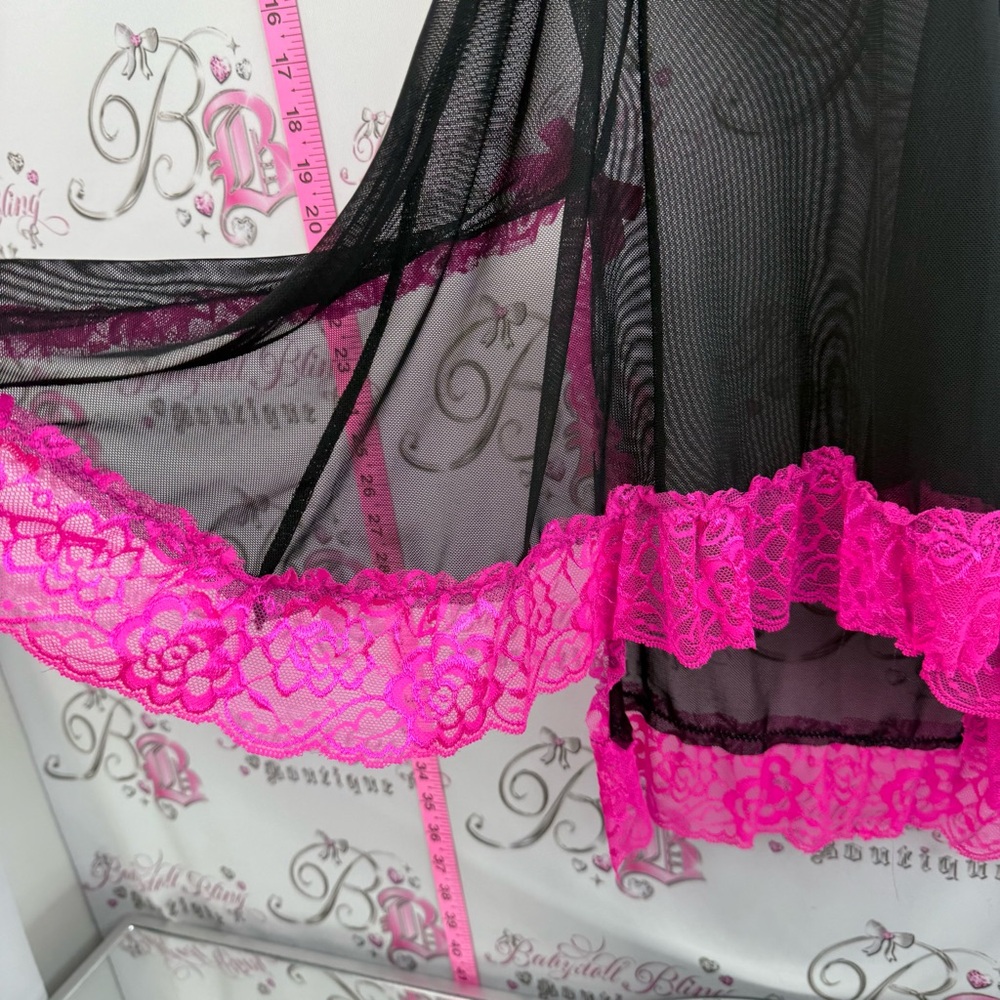 B delicious mini dress Sheer Black Chemise with Pink Lace Trim Elegant Nightwear - Picture 10 of 15